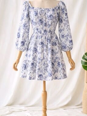 NWT 3rd + Malt Blue Toile Floral Off Shoulder Mini Dress Small Coastal Boho- S